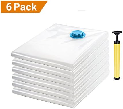 Jumbo Vacuum Storage Space Saver Compression Plastic Reusable Compressed Waterproof Bags Double Zip Sealed For Clothes, Blankets, Bedding, Clothing (Free Hand Pump For Travel) 6 Pack