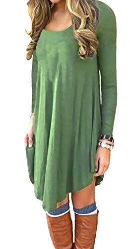 DEARCASE Women's Long Sleeve Round Neck Casual Loose T-Shirt Dress Army Green Medium