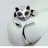 Hishpy Cute Silver Cat Shaped Ring With Rhinestone Eyes, Adjustable And Resizeable