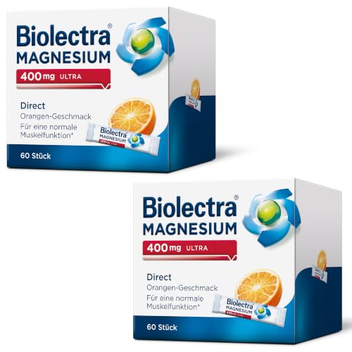 Biolectra Magnesium 400 mg Direct Sticks Orange, 2 x 60 Stück: Für eine normale Muskelfunktion bei erhöhtem Bedarf, Magnesium Direkt-Sticks, hochdosie