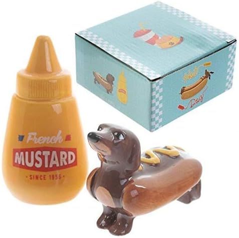 Puckator Sausage Dog and Mustard Salt and Pepper Set, Multicoloured, Height 6-9.5cm Width 5-9cm Depth3.5-5cm