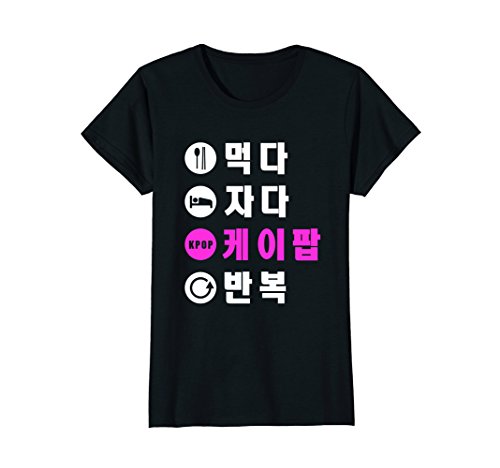 Womens Eat Sleep K-Pop Repeat Shirt Hangul Korean T-Shirt Small Black