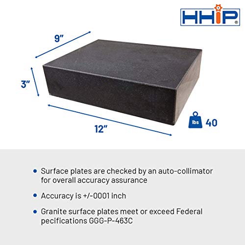 HHIP 44010011 Granite Surface Plate, Grade B, Ledge 0, 12" X 9" X 3