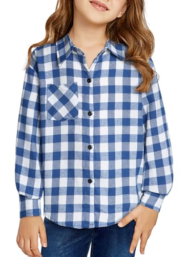 BLIBEAN TEEN GIRL’S FALL LONG SLEEVE PLAID SHIRTS BUTTON DOWN BLOUSES BIG KIDS WESTERN COWGIRL TOPS AGE 6T-7T (SIZE 6 7 YEAR) BLUE