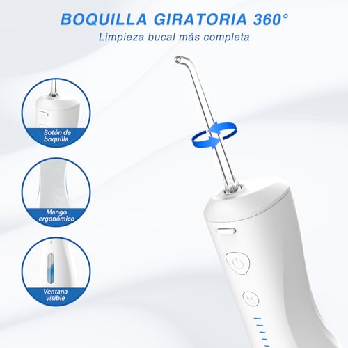 Irrigador Bucal, Limpieza Dental Portatil,6 Modos de Limpieza y 4 Puntas,Resistente al Agua IPX7,250ml Irrigador Oral Inalámbrico Portátil,Hilo Dental de Agua sin Cable para el Hogar, Viajes, Ducha