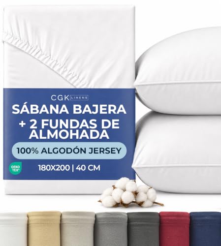 Jersey Fitted Sheet Cotton 180 x 200 cm White + 2 Pillowcases 80 x 80 cm – Pack of 3 – 100% Cotton – Terry 40 cm / 16 Inches – Soft, Wrinkle and Hypoallergenic – Oeko-Tex Standard 100 Certified