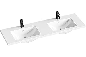 HIGORL 60 Inch Double Sink Bathroom Vanity Top with Integrated Resin Basin, Stain-Resistant & Scratch-Resistant Bathroom Countertop, Without Matte Black Faucet & Pop up-Drain, Easy to Clean, White