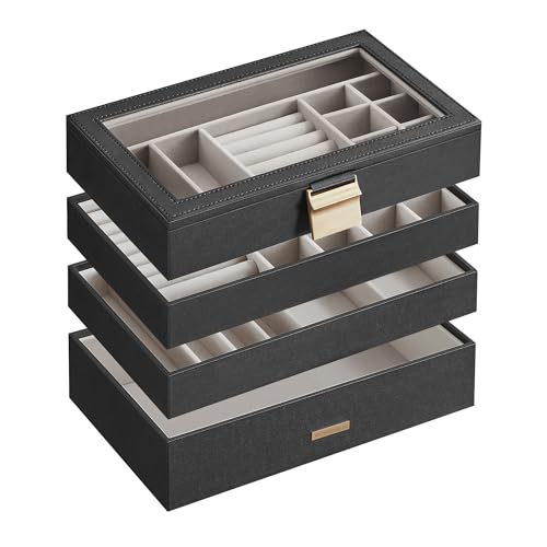 Colección GISELLA - Joyero Apilable, Caja de Joyas de 4 Capas Grande, Tapa de Cristal Transparente, para Cajón de Tocador, Idea de Regalo, Nergo Tinta, 17 x 28 x 18,3 cm JBC164B01