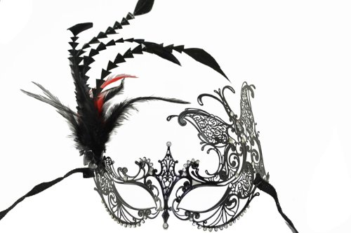 Vintage Classic Venetian Design Swan Style Laser Cut Masquerade Mask - Detailed and Decorated with Side Black and Red Feathers