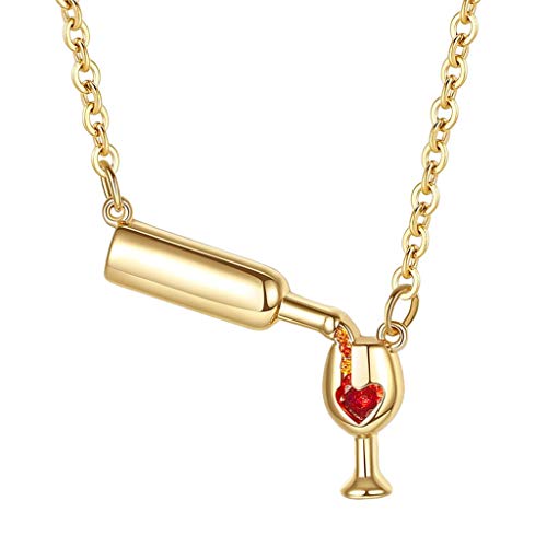 Wine Glass Bottle Lariat Y Necklace,Crytech Dainty Lovely White Gold Cheers Love Heart Enamel Rhinestones Charms Pendant Clavicle Chain for Women Girl Ladies Birthday Gifts (Gold)