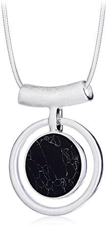 Black Resin Round Silver Brushed Long Chain Necklace by MIVIVEE