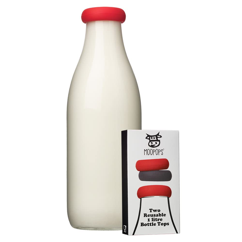 MOOPOPS - 1 litre Bottle tops (NOT 1 PINT). 2 reusable silicone tops designed to fit standard (43mm) 1l and 500ml bottles (Black and Red)