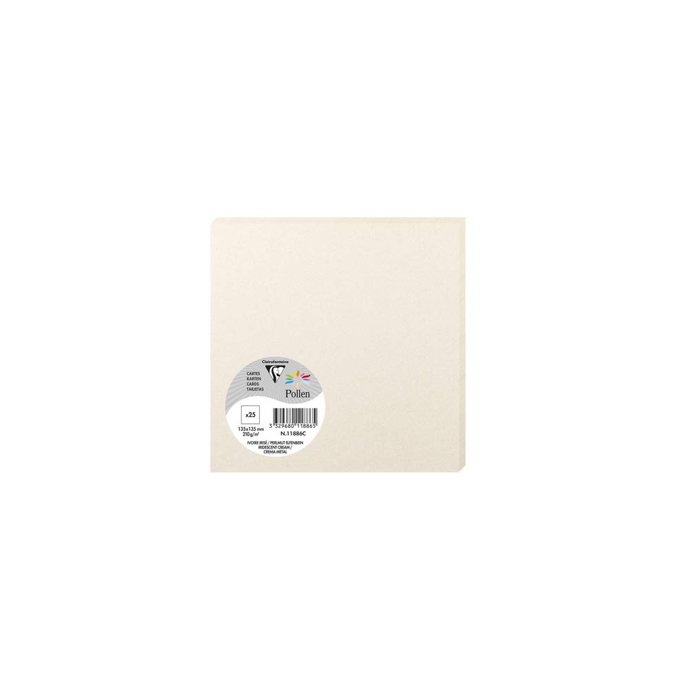 Clairefontaine 11886C Iridescent Cream Paper Pack of 25 Plain Cards Square 13.5x13.5cm 210g Invitation Correspondence Cards Pollen Range Premium Smooth