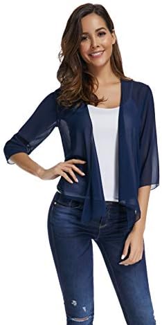 Dizzlle Women's Casual Sheer Chiffon Drape Front Shrug 3/4 Sleeve Cropped Bolero Cardigan