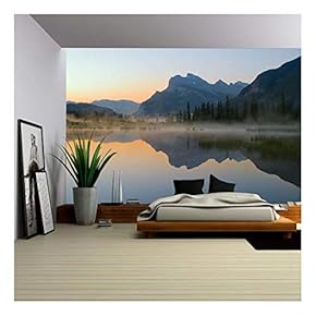 Vermillion Lake with Mount Rundle and Reflection at Dawn - Removable Wall Mural | Self-Adhesive Large Wallpaper - 66x96 inches
