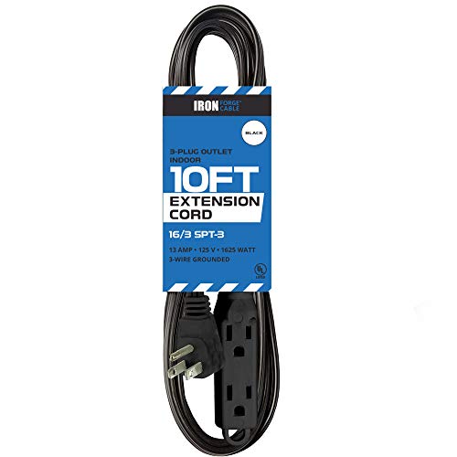 10 Ft Extension Cord with 3 Electrical Power Outlet - 16/3 Durable Black Cable
