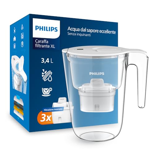 Water XL Filtro caraffa + 3 cartucce filtranti di ricambio, Filtrazione Avanzata, flusso rapido, timer elettronico, filtra CLORO, CALCARE, METALLI PESANTI e MICROPLASTICHE, BIANCO, 3.4 litri