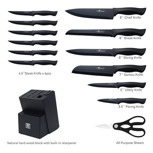 HUNTER.DUAL Knife Set, Dishwasher Safe Kitchen Knife Set with Block, 15 Pcs Black Kitchen Knife Sets with Block Self Sharpening, 6 Steak Knives, Black