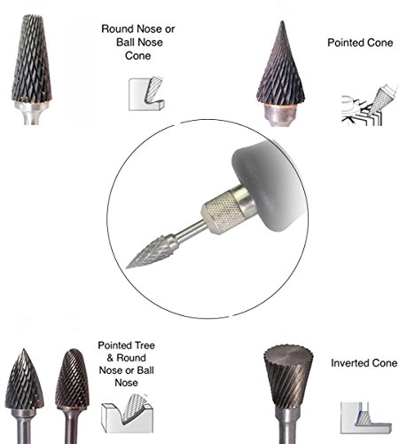 VCCA 10PCS Tungsten Carbide Double Cut Rotary Burr Set with 1/8 Inch Shank 1/4 Inch Head for Die Grinder Drill, Metal Carving, Engraving