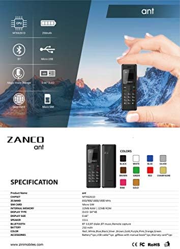 New ZANCO ANT Phone Worlds Smallest THINNEST Mobile Black SMS Bluetooth Music BULETOOTH DIALER Unlocked CE ROHS WCDMA & GSM with 13 Voice Changer Free Silicon CASE Cover Worth $9.99" (Black)