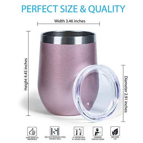 Luckti 12 oz Insulated Stainless Steel Wine Tumbler Cup Double Wall Vacuum Stemless Glass with Lid - Rose Gold - Thumbnail 3