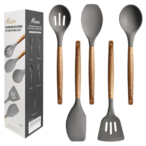 Miusco Non-Stick Cooking Spoon, Silicone Kitchen Utensils Set with Natural Acacia Hard Wood Handle, 5 Piece, Grey, BPA Free, Baking & Serving Silicone Cooking Utensils โ image 1