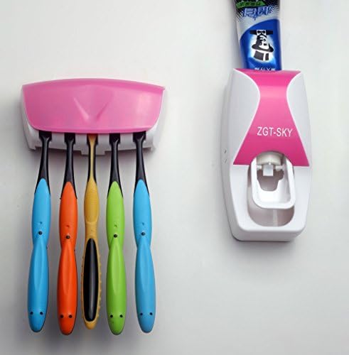 BAIESHIJI ® Automatic Dustproof Toothpaste Dispenser with Toothbrush Holder Organizer Set Mini Easy Install Dust-proof Toothpaste Dispenser Toothpaste Squeezer Kit (pink)