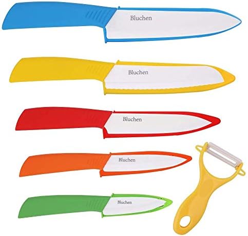 Bluchen Ceramic Knife Set | Kitchen Knives | Anti-Rust, Antibacterial Zirconium Oxide Knife Blade & Sheath Covers – 3” Paring, 4” Utility, 5” Slicing, 6” Chef, 6” Bread & Peeler (6 Pcs Set)