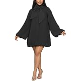 Yanfoam Women's Puff Long Sleeve Sweetheart Round Neck Dress Flowy Loose Chiffon for Cocktail Party Mini Dress