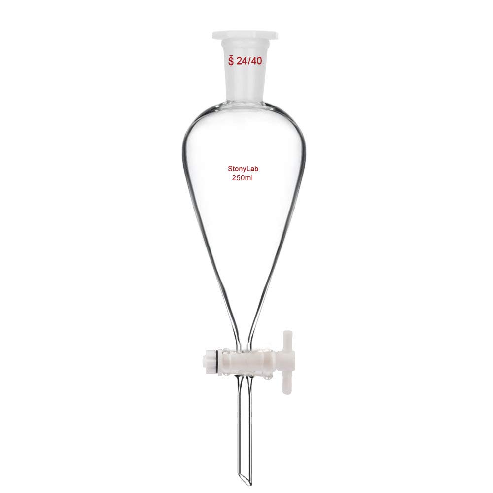 StonyLab Borosilicate Glass 250ml Heavy Wall Conical Separatory Funnel with 24/40 Joints and PTFE Stopcock, 250ml