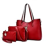 EUBags Handbag For Women, Leather Top Handle Tote Bag + Shoulder Bag + Purse, 3 Pcs Purse Set Winered
