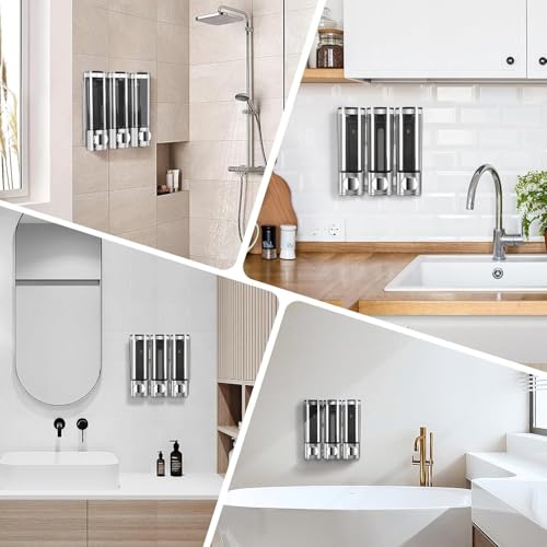 Soap Dispenser Set of 3 - Wall Mounted - No Drilling - Even Liquid Distribution - Anti-Leak - Suitable for Shampoo, Shower Gel, Liquid Soap, Conditioner, Silver