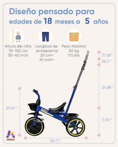 Triciclo Evolutivo, 1,5 a 5 Años, Barra de Empuje Ajustable, Azul