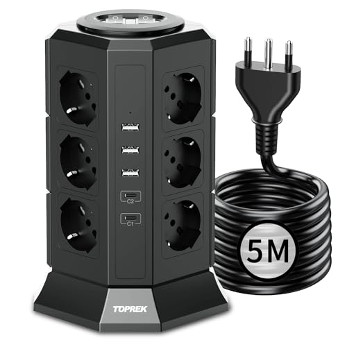 TOPREK Vertical Power Strip with 12 Universal Sockets ITA 10/16A and Schuko and 2 USB C and 3 USB A (USB-C1 20 W PD3.0 Fast Charge), 4000W/16A, Power Strip with 2 Switches, 5M Cable, 16A Connector