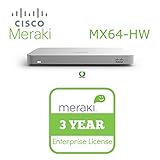 Cisco Meraki MX64 Small Branch Security Appliance Bundle, 200Mbps FW, 5xGbE Ports - Includes 3 Years Enterprise License