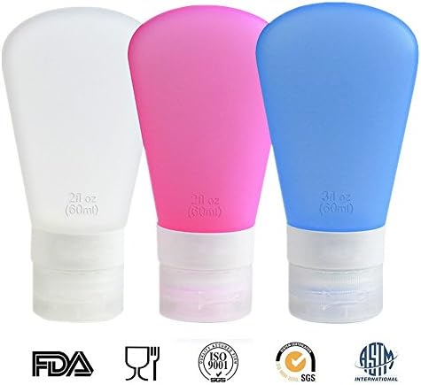 Portable Soft Silicone Travel Bottles Set, Set of 3 Leak Proof Travel Containers TSA Approved Airline Carry-On, Squeezable and Refillable Bottle Set (60ml/2oz, Pink+Blue+White)