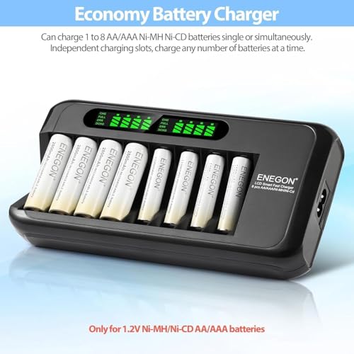 ENEGON Battery Charger, Fast Charging 1 to 8 AA/AAA Ni-MH Ni-CD Batteries, 1.2V Output, 1000mA Current Rating, 5 Hour Charge Time, Intelligent LCD Display, Safe Charging, Universal 100-240V AC Adapter