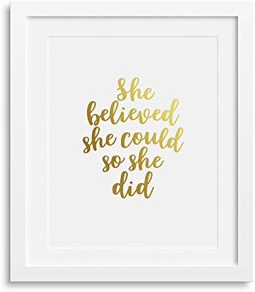 Frame Included | Gold Foil Baby Nursery Wall Art Print 8x10” | Inspirational Playroom Décor | Perfect For Baby Shower Gift | She Believed She Could So She Did Art Print
