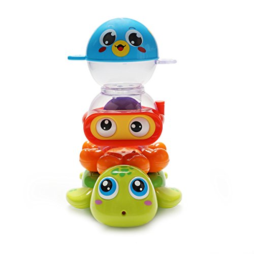 KONIG KIDS Stack & Spray Bath Toys Puffer Octopus Turtle Sea Animals Bathtub Set for Baby Toddlers