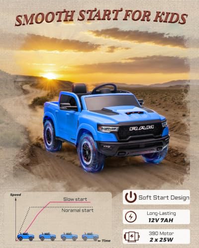 First Ride On 12v Kids Ride on Truck, Licensed Ram 1500 Rho Ride on Toy For Kids with Remote Control, Ride on Car for Children w/Truck Bed Storage, Smooth Start, Bluetooth, Aux Port (Blue)