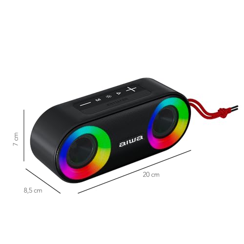 Aiwa Bocina Bluetooth Portátil 20W RMS con Luces LED, Bluetooth 5.3, Sonido Estéreo TWS, Resistente al Agua IPX5, Radio FM, Entradas USB, AUX y TF, Batería 3000 mAh, Ligera y Compacta Color Negro