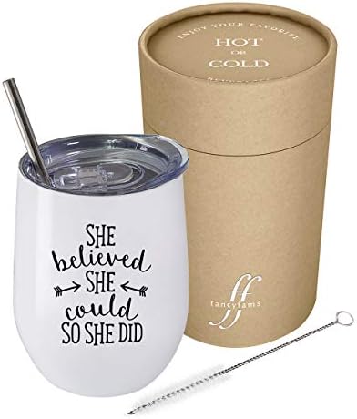 Fancyfams She Believed She Could So She Did - Congratulations Gifts - Graduation Gifts for Her - 12 oz Stainless Steel Wine Tumbler (White)