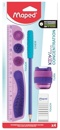 Maped - Kidy Learn Concentration Purple Stationery Set - Unbreakable 20cm ruler, Pencil sharpener, Eraser, Pencil with sensory relaxing chew tip - Helps concentration - Recommended by teachers