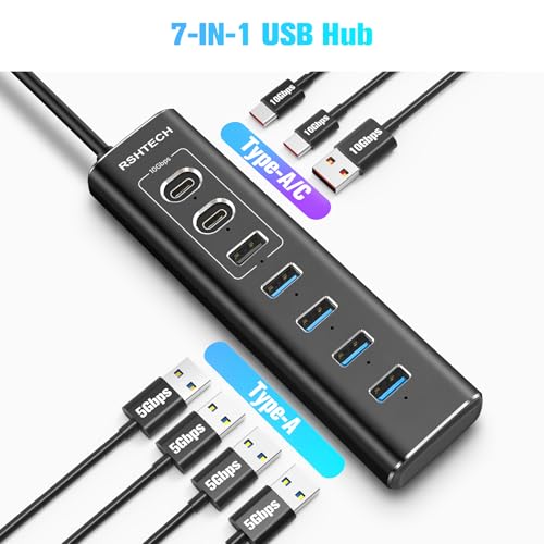 USB Powered Hub, RSHTECH 7 Ports USB 3.2/USB C Hub with USB-A 3.2 to 10Gbps, 2 USB-C 3.2, 4 USB 3.0 Ports to 5Gbps, USB C Hub Aluminum Data Cable 1m, Power Supply 24W, RSH-A107C