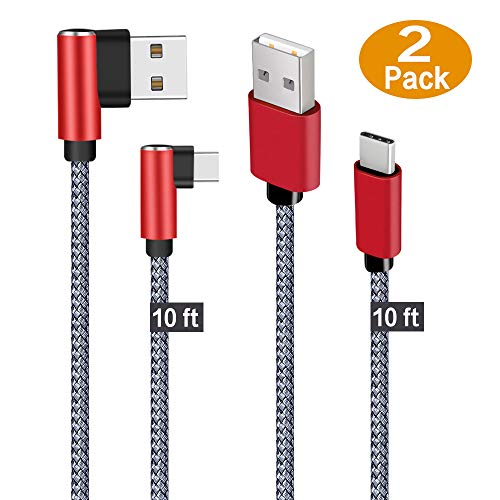 USB Type C Cable Certified, MIUOLV USB C Fast Charger Cable 2 Pack 10ft 90 Degree Nylon Braided Quick Charging Sync Cord for Samsung Galaxy S9 S8 Note 9, Moto Z2 G6, Nintendo Switch, Red Grey