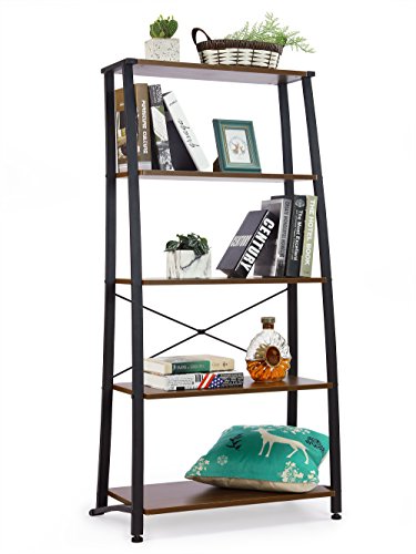 FIVEGIVEN 5 Tier Ladder Book Shelf Tall Bookshelf Modern Open Wood Espresso - Thumbnail 2