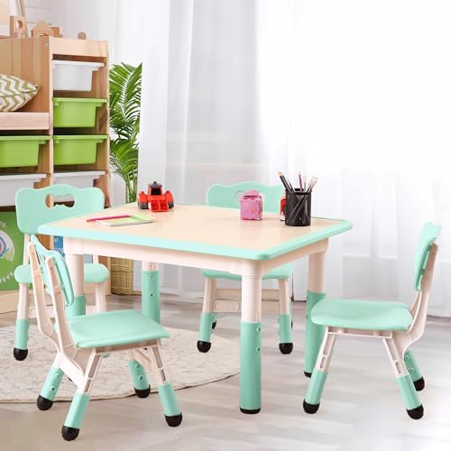 Garvee Kids Table and 4 Chairs Set, 5-Piece Height Adjustable Toddler Table with Graffiti Wipe-Clean Desktop, Non-Slip Legs & Storage Organizer, Preschool Activity Desk for Ages 2-6