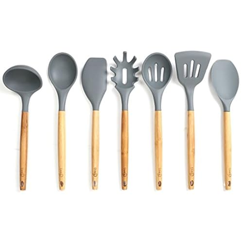 Lively Home Goods 7-Piece Premium Silicone Kitchen Cooking Utensils Set with Bamboo Handle for Nonstick Cookware, Grey Home & Kitchen, Kitchen & Dining, Kitchen Utensils & Gadgets
