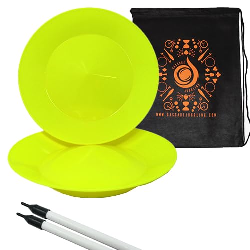 Set of 2 Spinning Plates and Two Piece Sticks - Flexi Kid's Plate Spinning Set - Includes Cascade Carry Bag (Yellow)