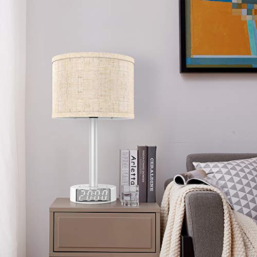 Table Lamp with Alarm Clock, Touch Control Bedside Lamp with 2 AC Outlets & 2 USB Ports, Alarm Clock Charging Base, 6Ft Power Cord, 3 Level Brightness Modern Nightstand Lamps for Home Bedroom Dorm